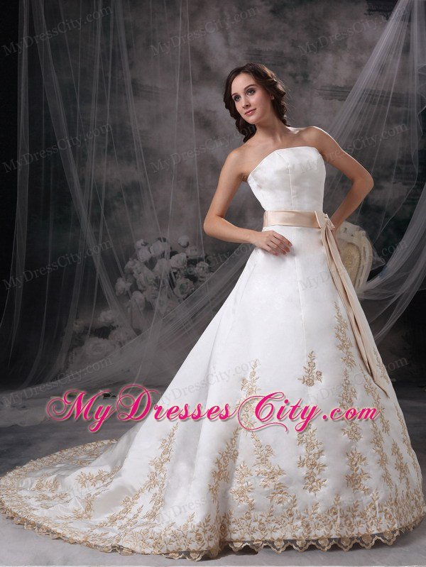 Strapless Embroidery Sash Champagne Church Wedding Dress with Jacket