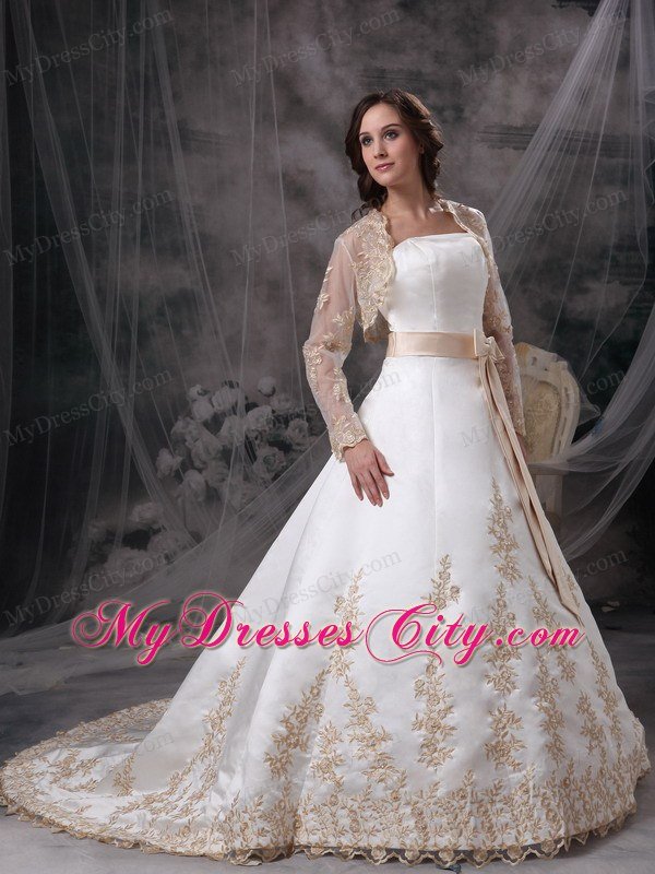 Strapless Embroidery Sash Champagne Church Wedding Dress with Jacket