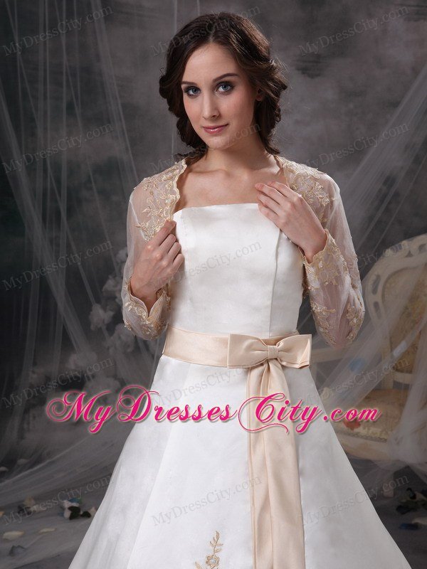 Strapless Embroidery Sash Champagne Church Wedding Dress with Jacket