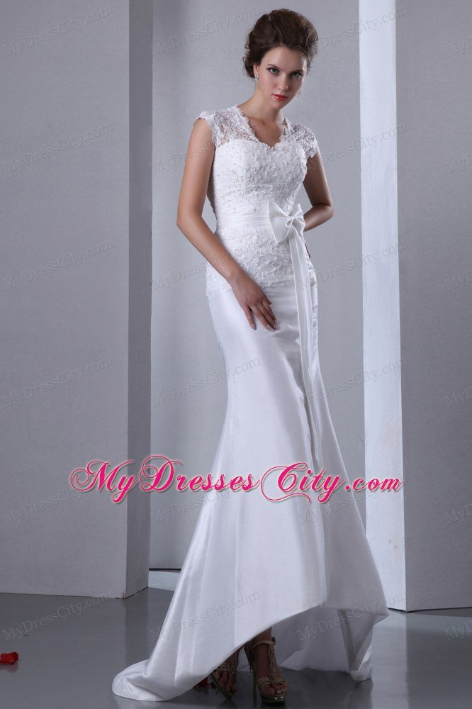 Cheap Column V-neck Lace Bow Hall Wedding Dress with Cap Sleeve