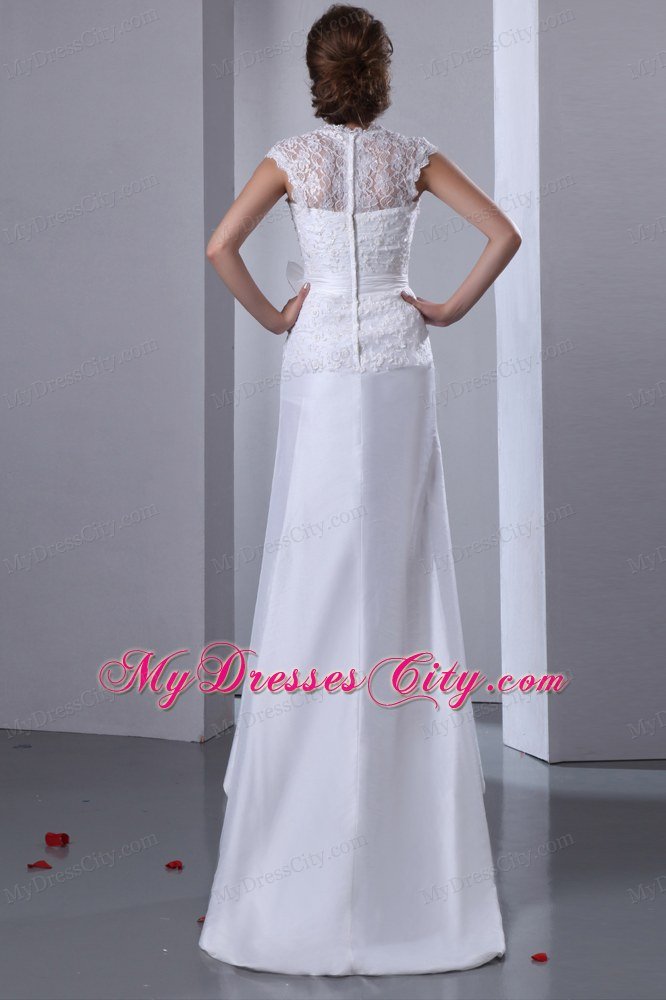 Cheap Column V-neck Lace Bow Hall Wedding Dress with Cap Sleeve