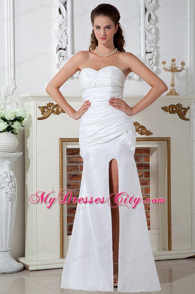 High Slit Column Sweetheart Ruching Wedding Dress with Zipper Back