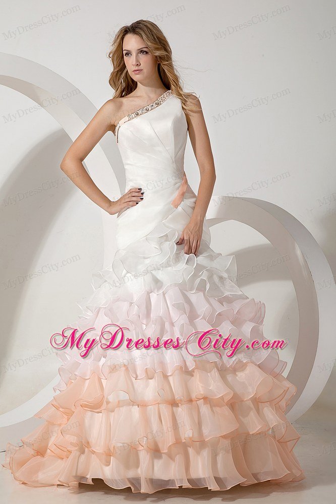 A-line Single Shoulder Multi-colored Beading Tiered Wedding Gowns
