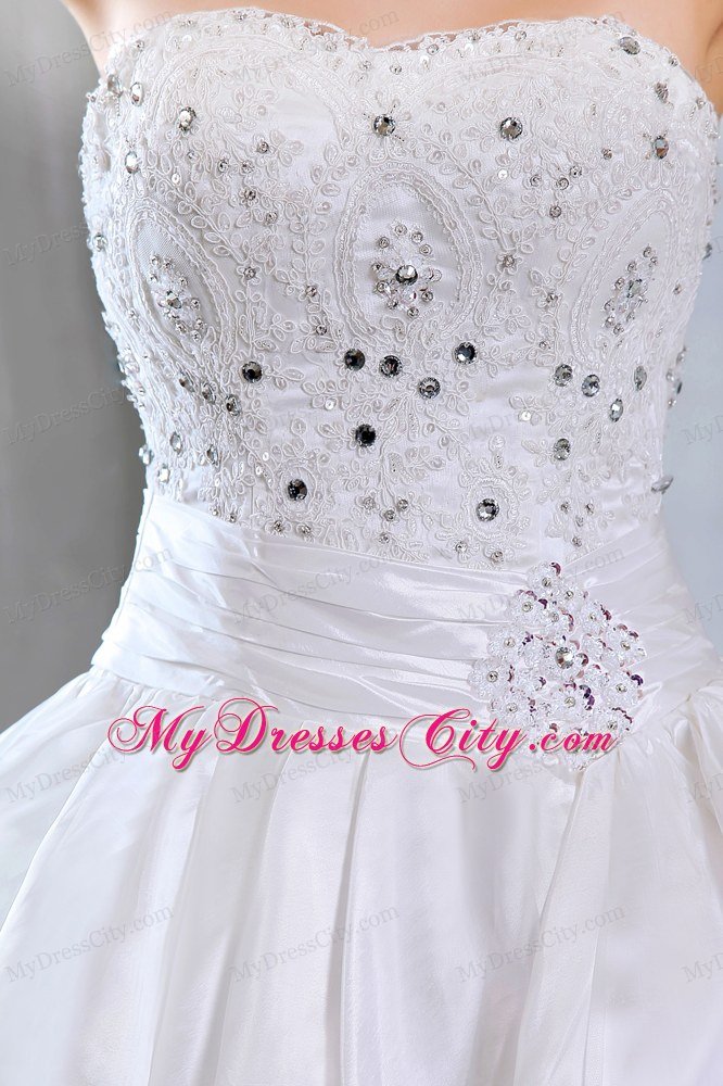 Affordable A-line Strapless Lace Beading Wedding Gowns Chapel Train