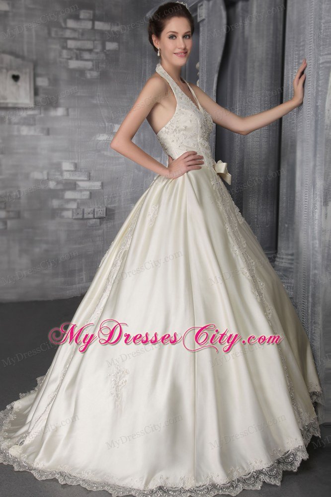 Classical Princess Halter Sweep Lace Appliques Beading Wedding Gowns