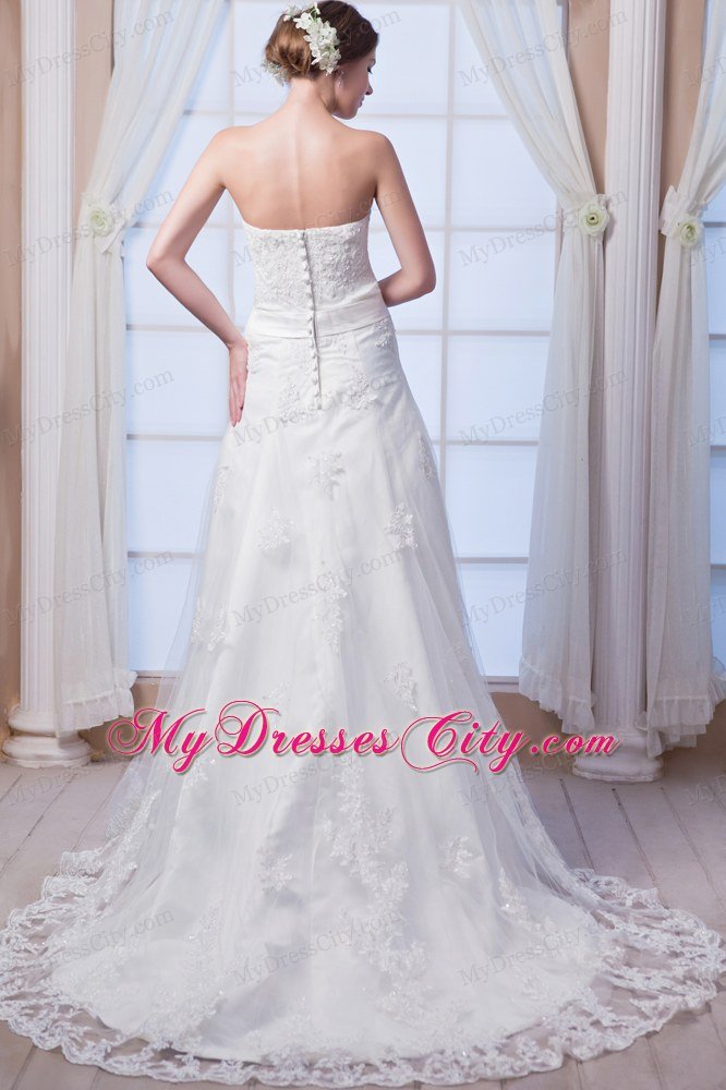 Elegant Strapless Lace Appliques Button Down Back Wedding Dress