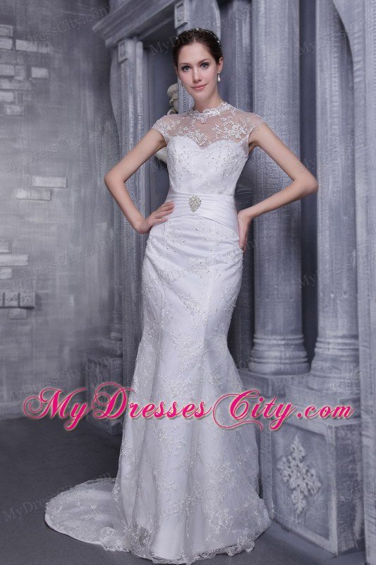 Mermaid Highneck Beading Wedding Dress Button Down Back