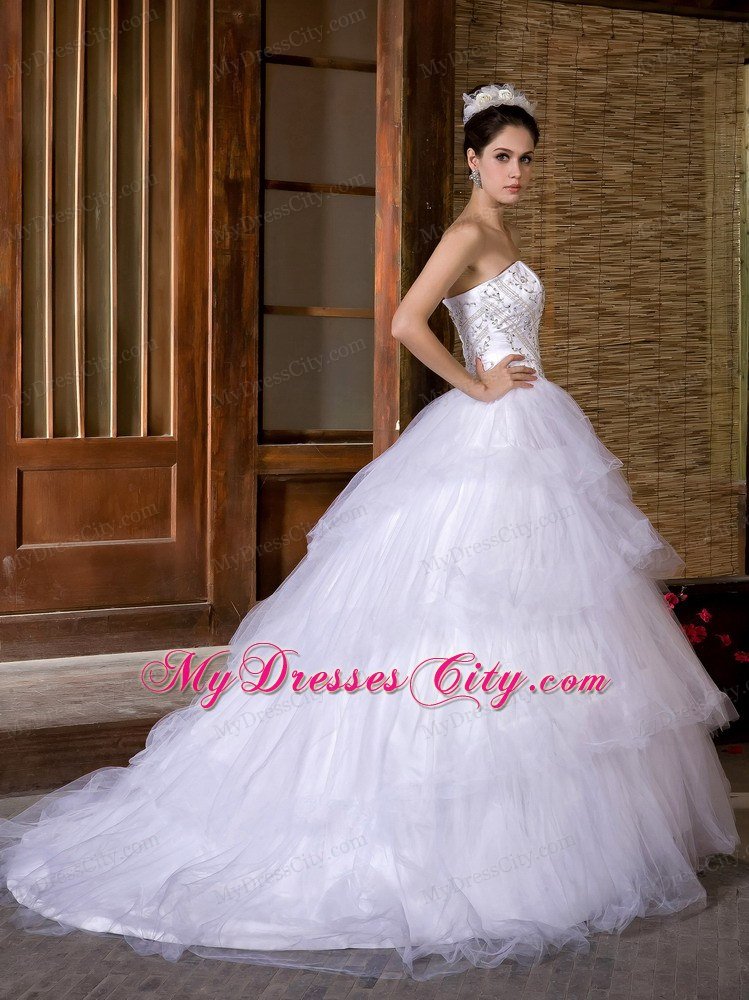 Newest Strapless Embroidery Taffeta and Organza Wedding Dress
