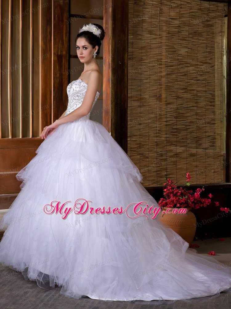 Newest Strapless Embroidery Taffeta and Organza Wedding Dress