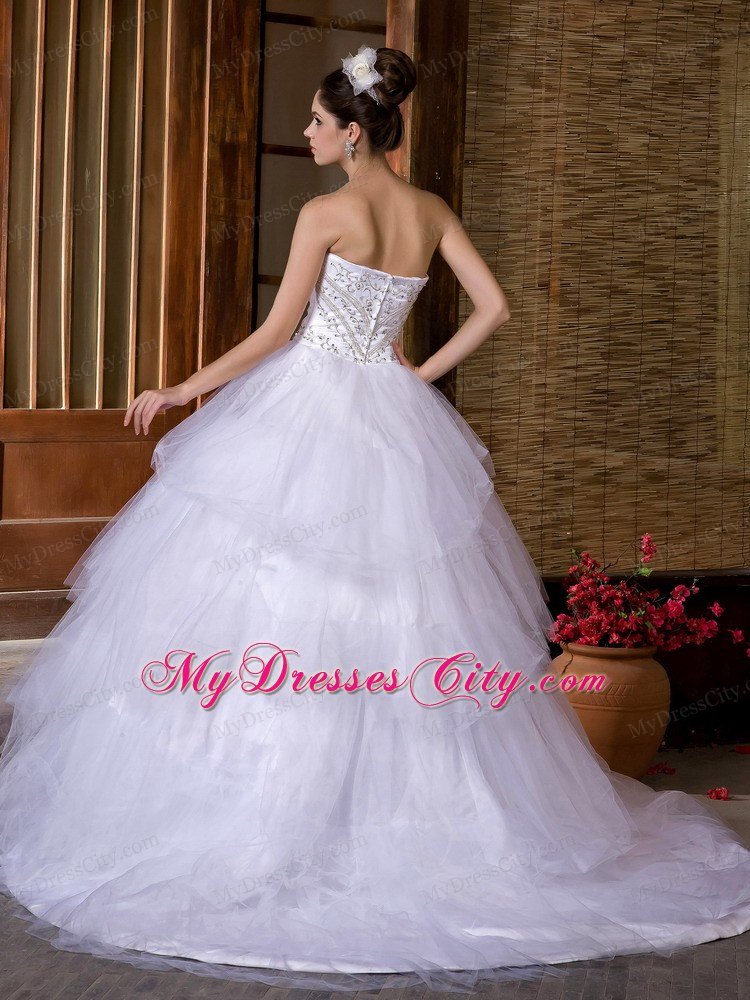 Newest Strapless Embroidery Taffeta and Organza Wedding Dress