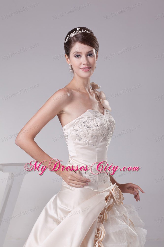 Flowery One Shoulder Embroidery Wedding Dress in Champagne