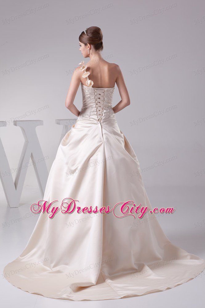 Flowery One Shoulder Embroidery Wedding Dress in Champagne