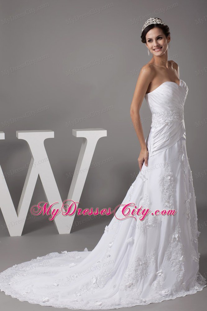 Designer Sweetheart Appliques and Pleats A-line wedding gown