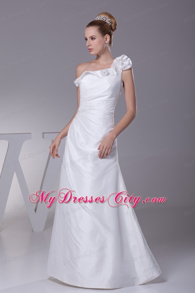 Flower One Shoulder Column Long bridal gown with Beaded Waist