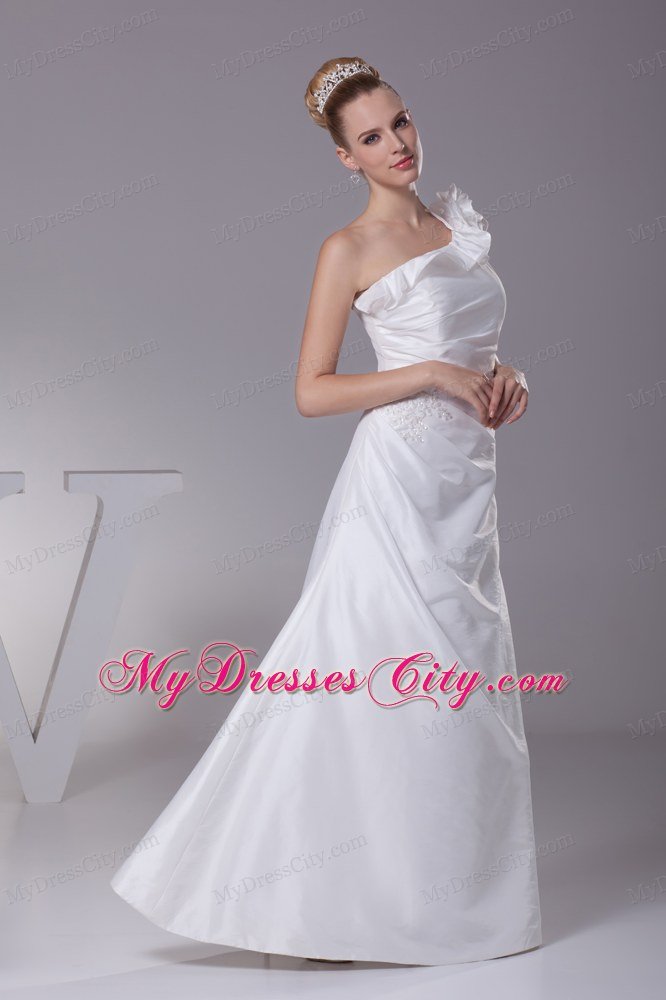 Flower One Shoulder Column Long bridal gown with Beaded Waist