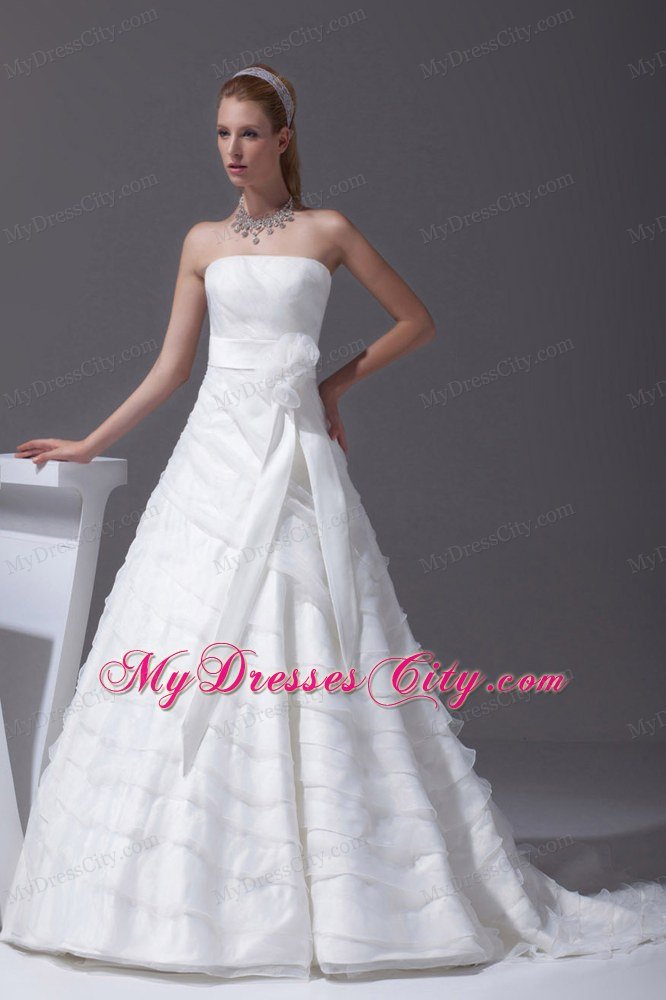 Ruffled Layers A-line Brush Train Wedding Dress with Flower Sash