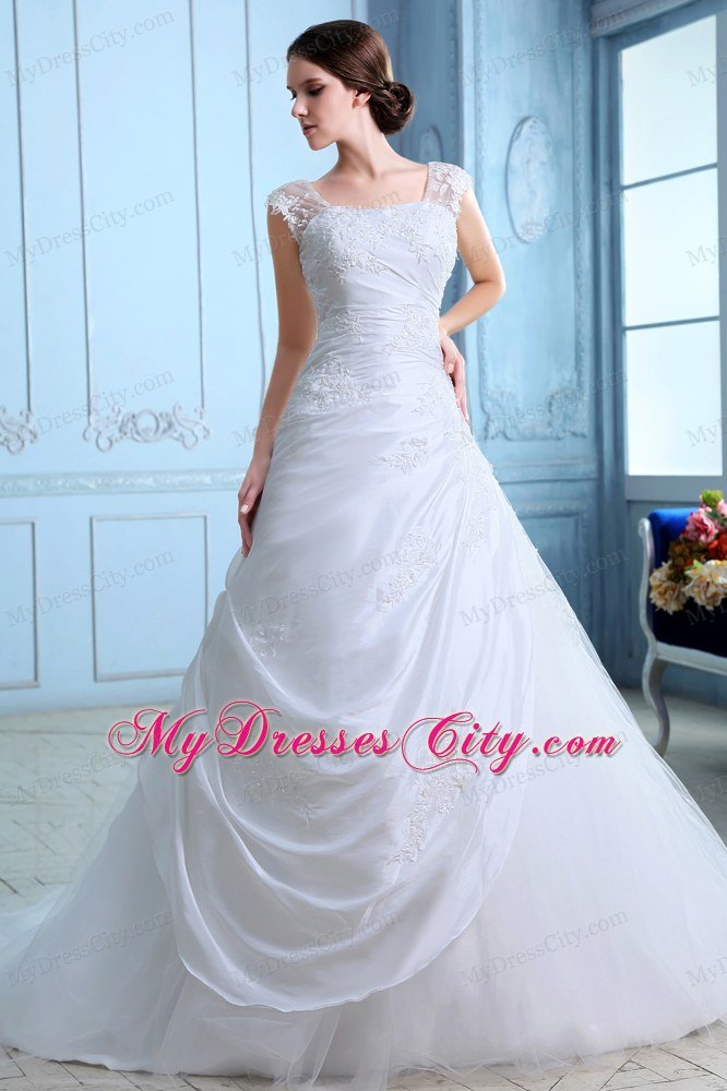 A-line Appliques Square Tulle Wedding Dress with Court Train