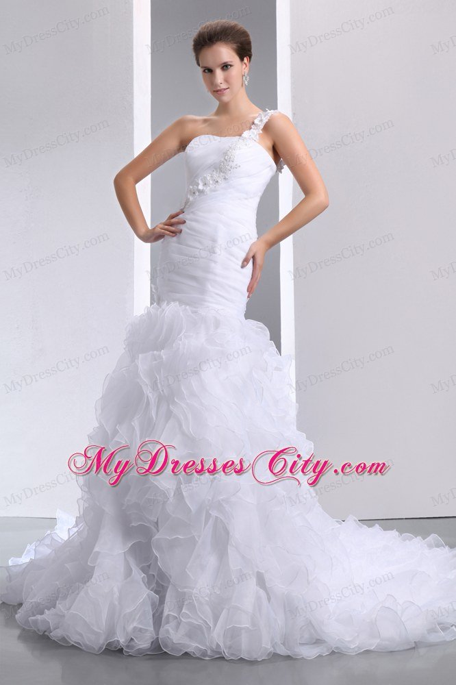 Flowery One Shoulder Mermaid Cascading Ruffles Wedding Dress