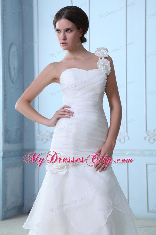 Flowery Single Shoulder Organza Court Train Wedding Dress