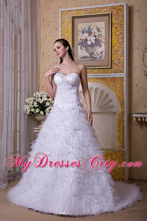 One Shoulder Tulle Appliques and Ruffles Layered Wedding Dress