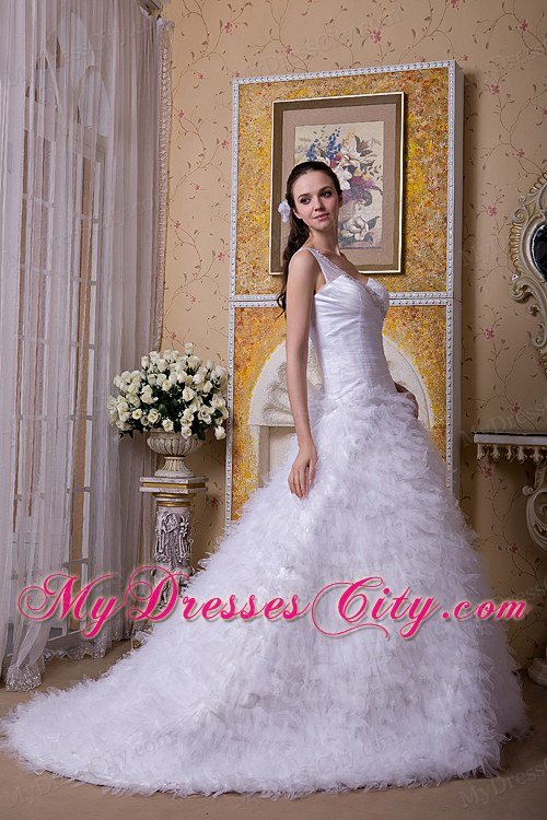 One Shoulder Tulle Appliques and Ruffles Layered Wedding Dress