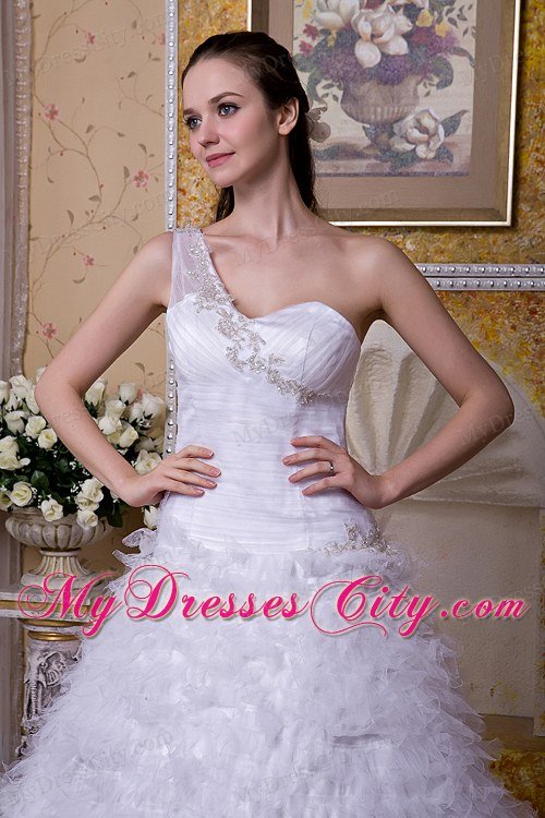 One Shoulder Tulle Appliques and Ruffles Layered Wedding Dress