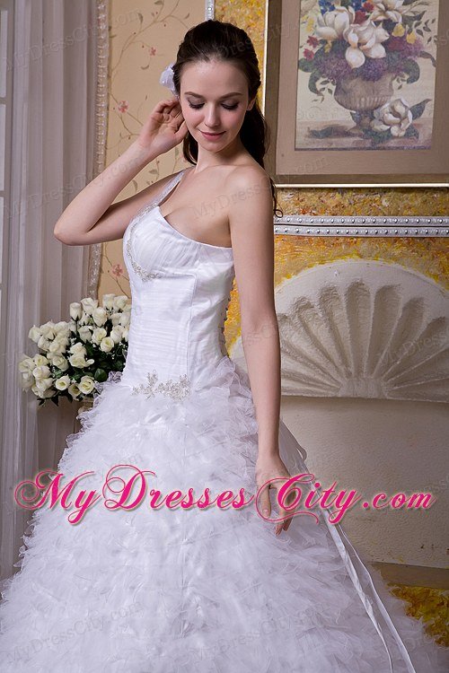 One Shoulder Tulle Appliques and Ruffles Layered Wedding Dress