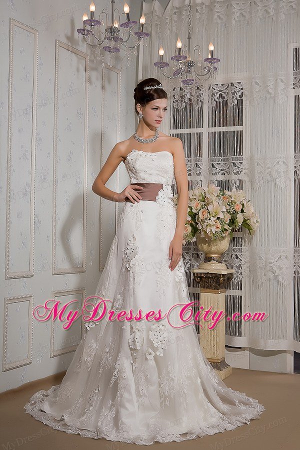 Dramatic Lace Appliques Court Train Bridal Dress with Brown Sash
