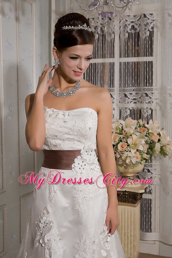 Dramatic Lace Appliques Court Train Bridal Dress with Brown Sash