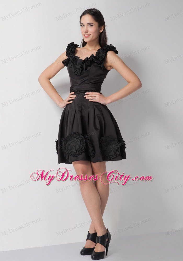 V-neck Flowers A-line Taffeta Little Black Cocktail Dresses