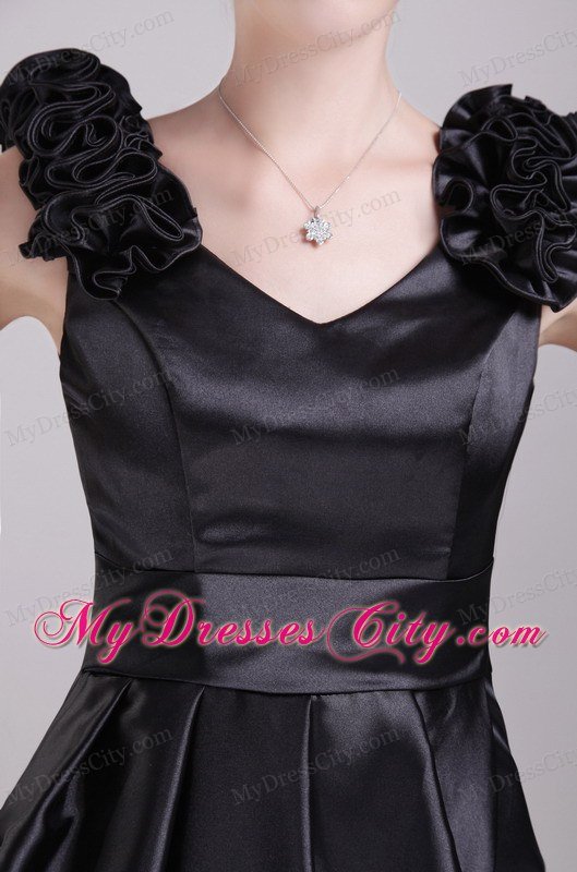 Short V-neck Little Black Cocktail Dress with Flowery Straps