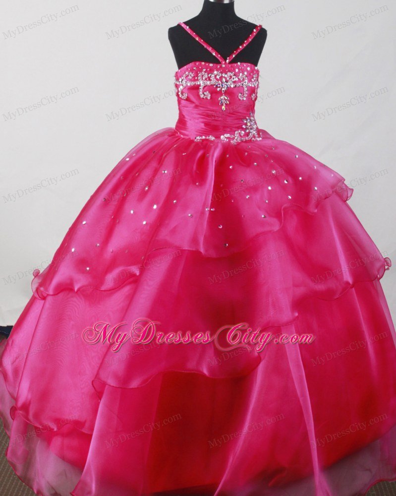 Organza Straps Fuchsia Little Girl Pageant Dresses With Beading