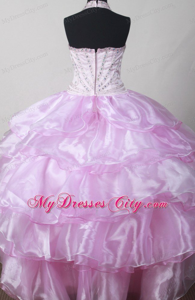 Baby Pink Beaded Halter Pageant Dresses for Teens with Layers
