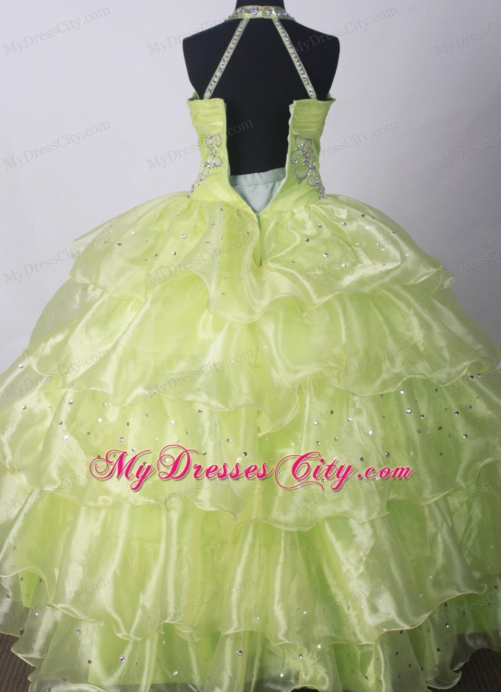 Halter Yellow Green Little Girl Pageant Dresses Beaded Ruffles