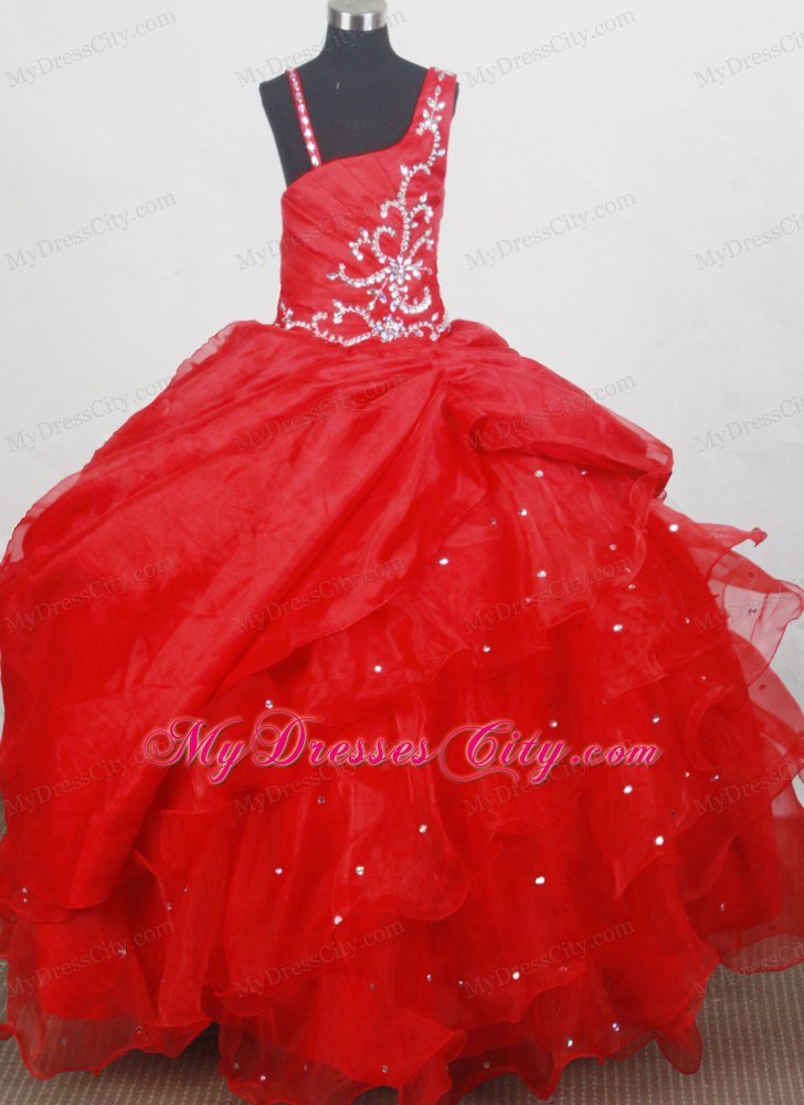 Straps Beading Ball Gown Ruffled Red Little Girl Pageant Dress