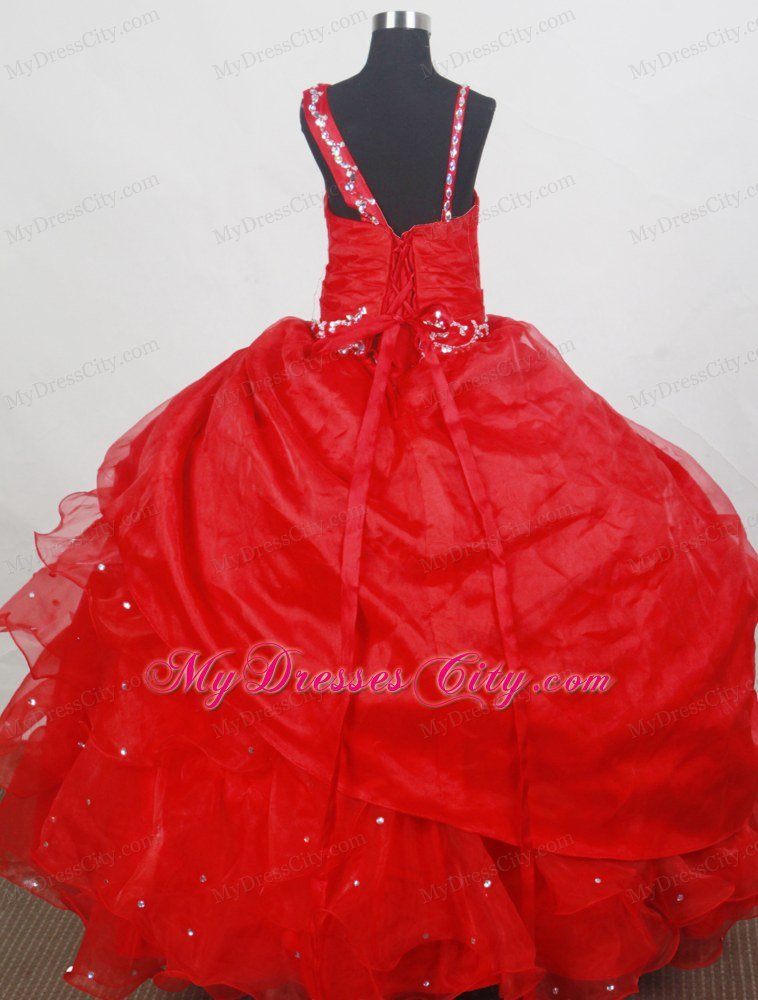 Straps Beading Ball Gown Ruffled Red Little Girl Pageant Dress