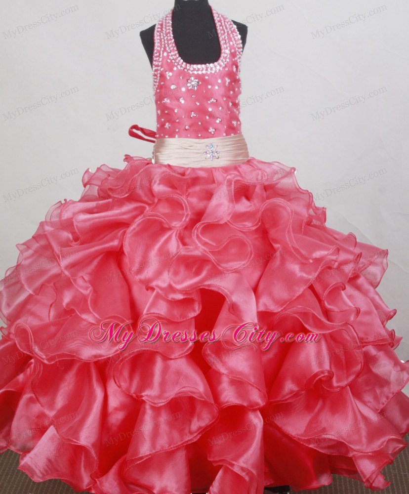 Halter Watermelon Girls Pageant Dress with Beadings and Ruffles