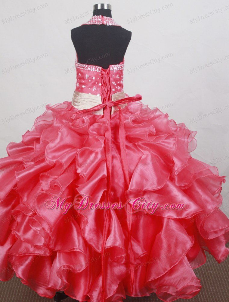 Halter Watermelon Girls Pageant Dress with Beadings and Ruffles