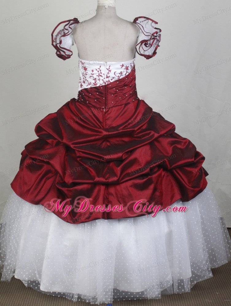 Red and White Flower Girl Pageant Dress with Sleeves Embroidery