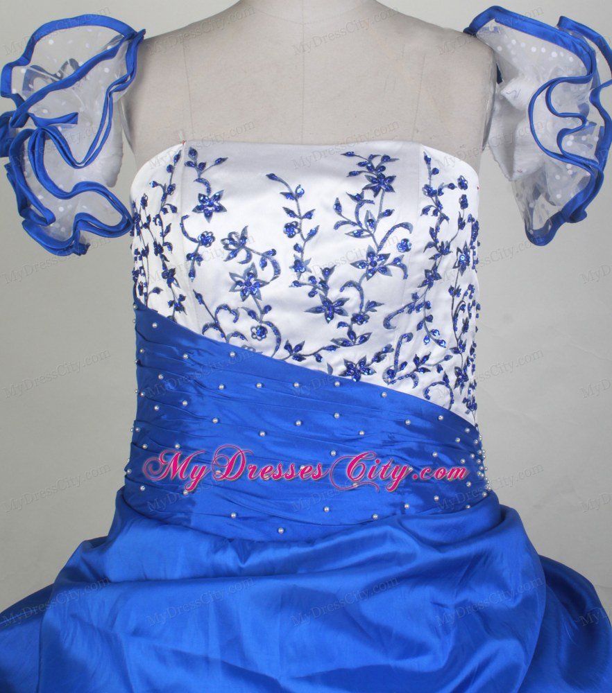 Embroidery Blue and White Pageant Dress with Ruffled Sleeves