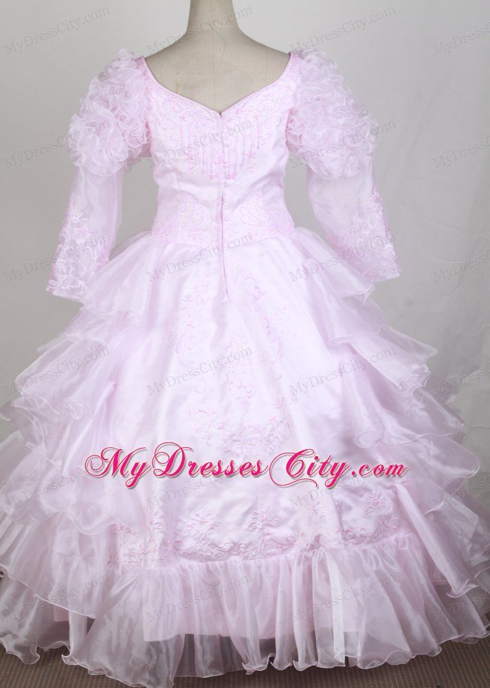 Baby Pink Ruffled Flower Girl Pageant Dress with Long Sleeves