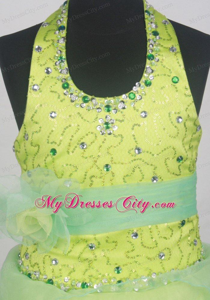 Halter Sequins Beads Apple Green Girls Pageant Dress with Sash
