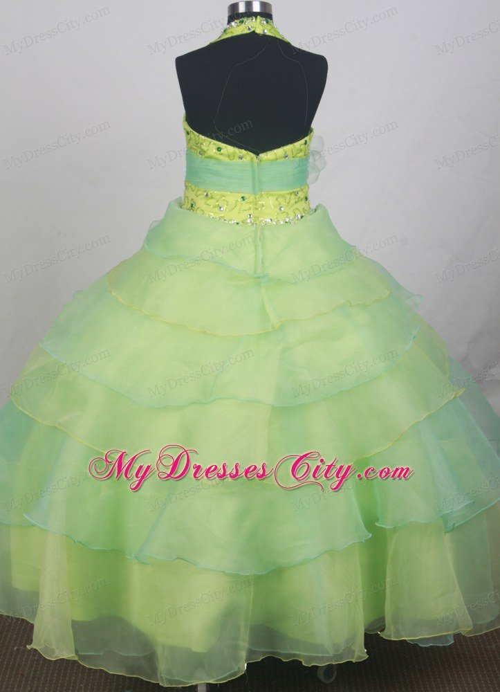 Halter Sequins Beads Apple Green Girls Pageant Dress with Sash