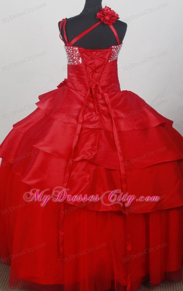 Puffy Beaded Asymmetrical Hand Flower Red Girls Pageant Dress