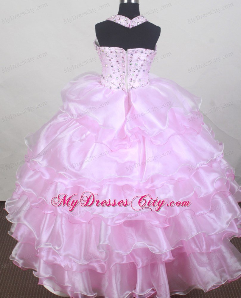 2013 Halter Beaded Baby Pink Flower Girl Pageant Dress Ruffled