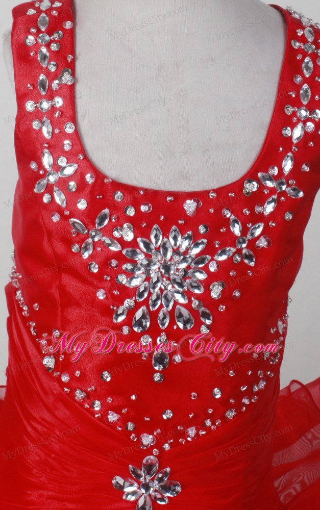 Red Pretty Scoop Little Girl Pagaent Dress Beaded with Ruffles