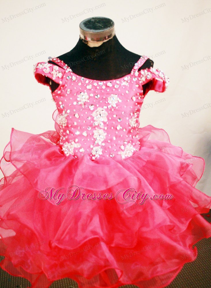Mini-length Straps Hot Pink Beaded Organza Girls Pagaent Dress