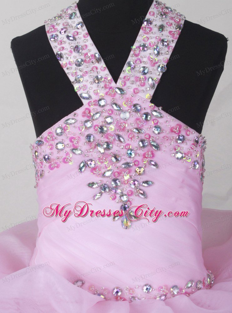 Baby Pink V-neck Beaded Little Girl Pageant Dress with Pick-ups