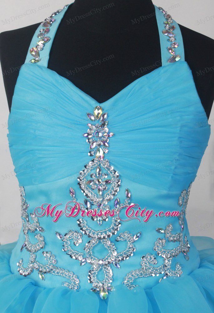 Halter Beading Layers Little Girl Pageant Dresses in Aqua Blue