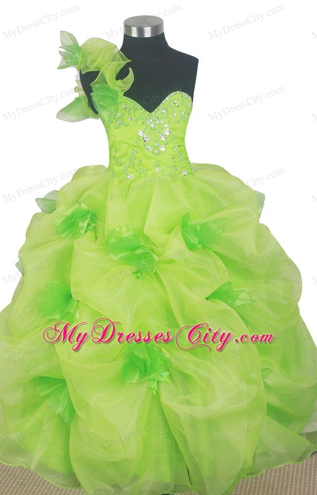 Beading One Shoulder Little Girls Beauty Pageant Dresses in Green